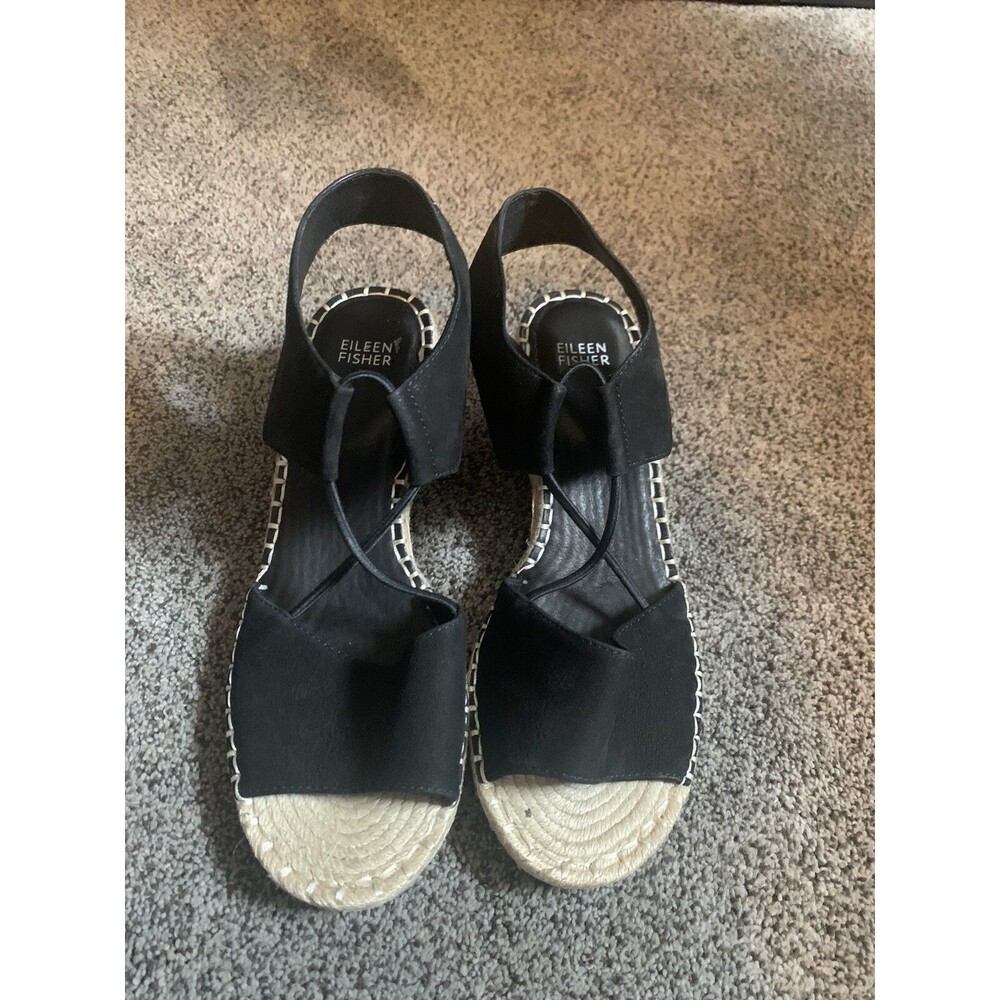 Eileen Fisher black suede open toe espadrilles size 9 1/2